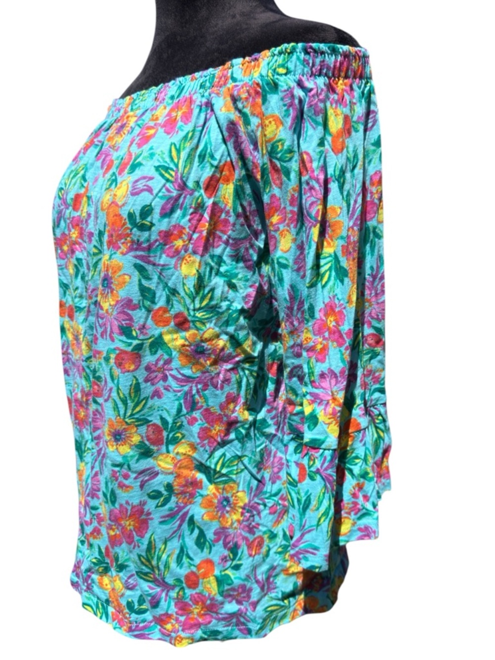 Stella Parker Teal Floral Off the Shoulder Cotton Blouse Ruffle Sleeve Large - Picture 3 of 9